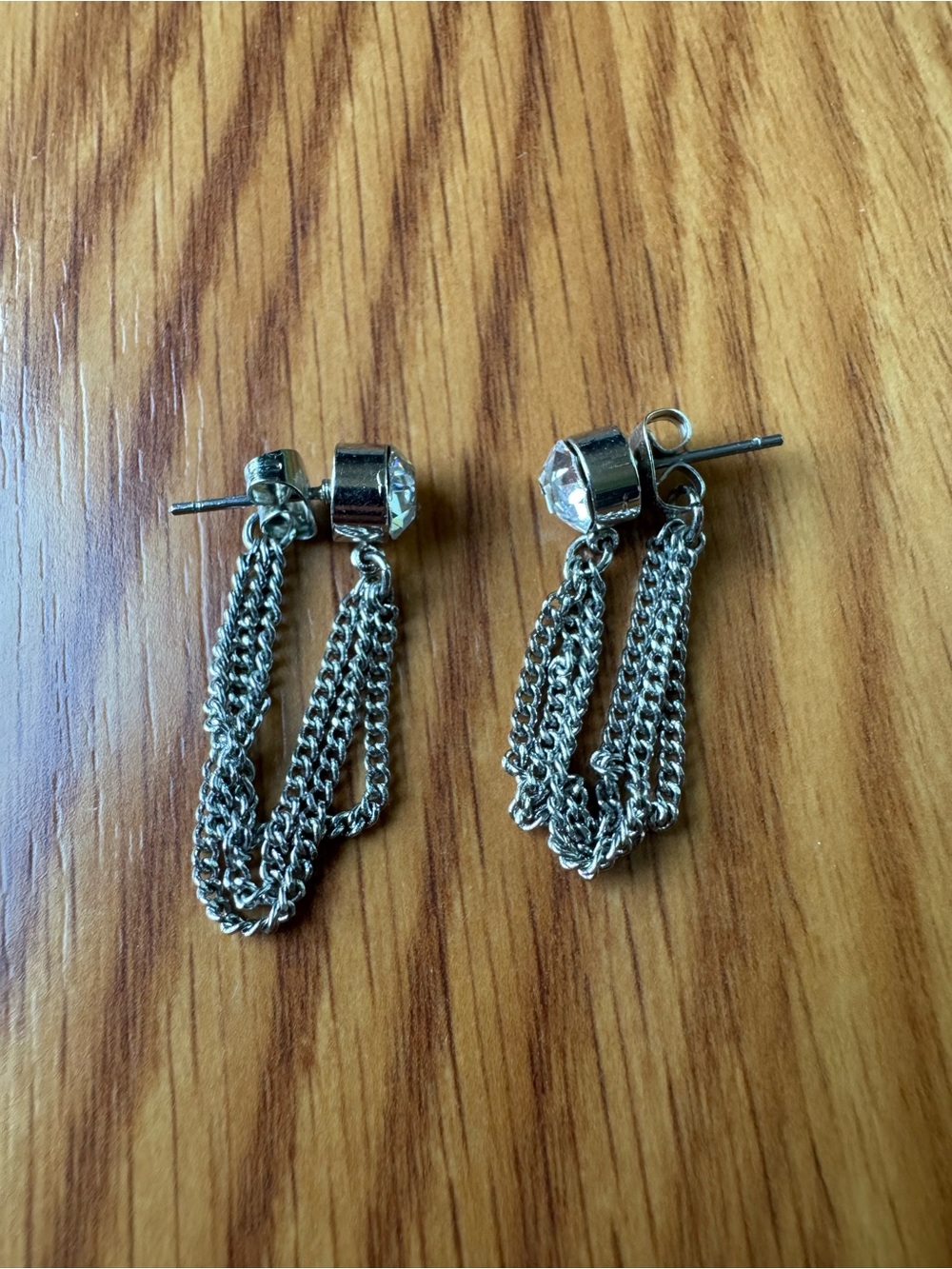 Silver Chain Drop Stud Earrings with Crystal Accent